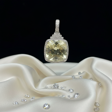 White Gold Cushion-Cut Lemon Quartz & Diamond Halo Pendant