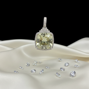 White Gold Cushion-Cut Lemon Quartz & Diamond Halo Pendant