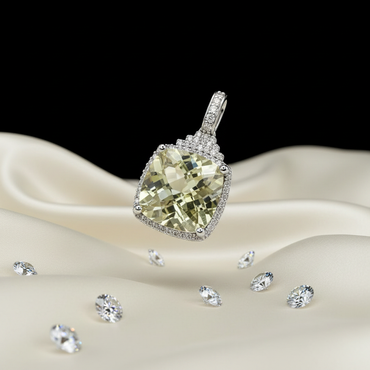 White Gold Cushion-Cut Lemon Quartz & Diamond Halo Pendant