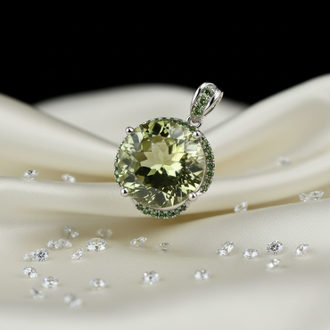 White Gold Round Checkerboard Green Amethyst & Green Stone Halo Pendant