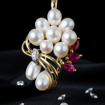 Yellow Gold Freshwater Pearl Cluster Pendant with Marquise Ruby Accents & Diamond Details