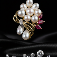 Yellow Gold Freshwater Pearl Cluster Pendant with Marquise Ruby Accents & Diamond Details