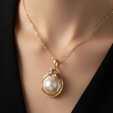 Yellow Gold Mabé Pearl, Sapphire & Diamond Pendant Necklace