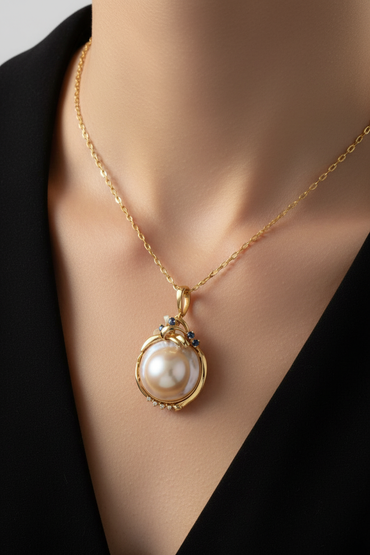 Yellow Gold Mabé Pearl, Sapphire & Diamond Pendant Necklace