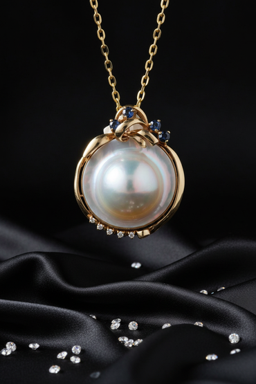 Yellow Gold Mabé Pearl, Sapphire & Diamond Pendant Necklace