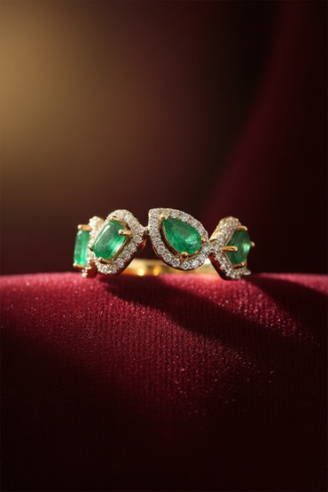 14K Yellow Gold Multi-Emerald Diamond Halo Ring — 3 Pear & 2 Emerald-Cut