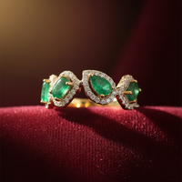 14K Yellow Gold Multi-Emerald Diamond Halo Ring — 3 Pear & 2 Emerald-Cut