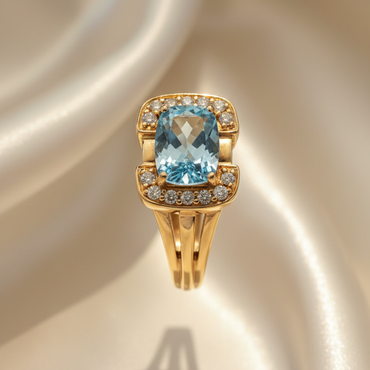 18K Yellow Gold East-West Cushion Aquamarine Halo Ring with Channel-Set Diamonds