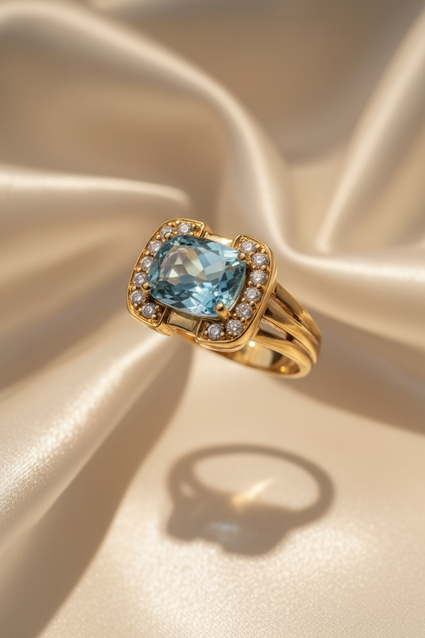 18K Yellow Gold East-West Cushion Aquamarine Halo Ring with Channel-Set Diamonds