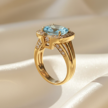 18K Yellow Gold East-West Cushion Aquamarine Halo Ring with Channel-Set Diamonds