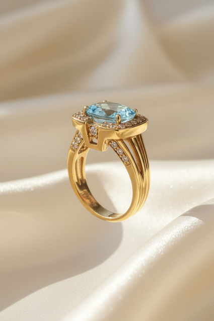 18K Yellow Gold East-West Cushion Aquamarine Halo Ring with Channel-Set Diamonds