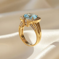18K Yellow Gold East-West Cushion Aquamarine Halo Ring with Channel-Set Diamonds