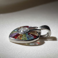14K white gold multi-gemstone heart pendant with CZ center, side profile
