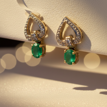 14K Two-Tone Gold Oval Emerald Drop Earrings with Diamond Heart Frame - Three-Quarter View