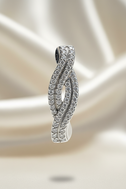 14K white gold diamond braided marquise twist pendant front view