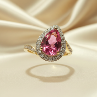 14K Yellow Gold Diagonal Pear-Cut Pink Tourmaline Ring with Diamond Halo - Front View