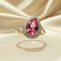 14K Yellow Gold Diagonal Pear-Cut Pink Tourmaline Ring with Diamond Halo - Front View