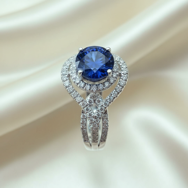 14K White Gold 1.7ct Blue Sapphire Double Swirl Halo Diamond Ring — Top View