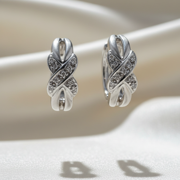 14K White Gold Brushed X Diamond Hoop Earrings – Front View