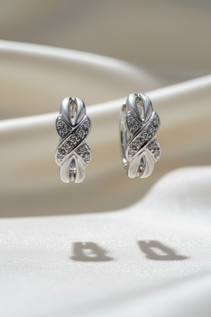 14K White Gold Brushed X Diamond Hoop Earrings – Front View