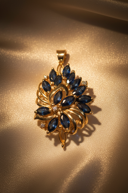 14K Yellow Gold Marquise Sapphire & Diamond Freeform Cluster Pendant – Front View