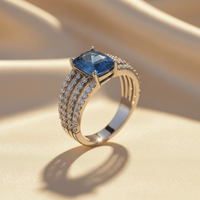 14K White Gold Cushion-Cut Blue Sapphire Ring with Four-Row Diamond Pavé Split Shank - Three-Quarter View