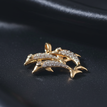 10K Yellow Gold Diamond Double Dolphin Pendant – Side Profile