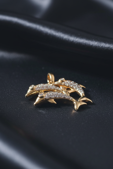 10K Yellow Gold Diamond Double Dolphin Pendant – Side Profile