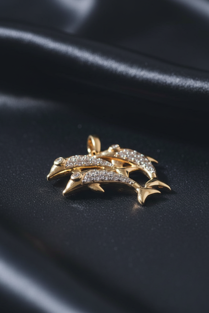10K Yellow Gold Diamond Double Dolphin Pendant – Side Profile