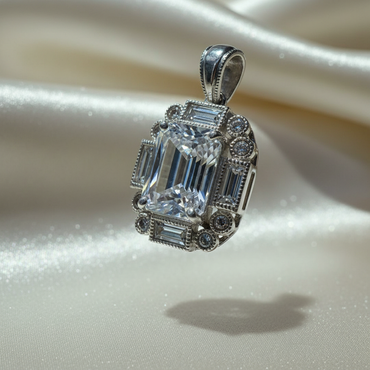 Sterling Silver Art Deco White Sapphire Pendant — side profile showing bail