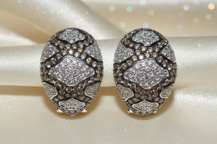 14K White Gold Diamond & Smoky Quartz Mosaic Dome Earrings - Pair View