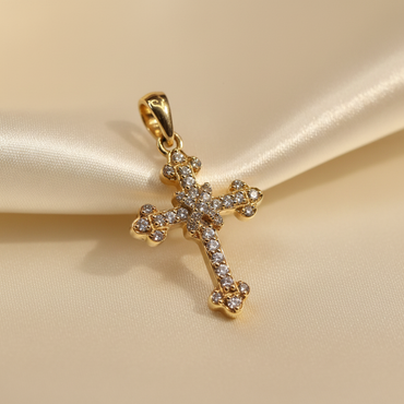 10K yellow gold natural diamond ornate trefoil cross pendant with round brilliant pavé diamonds, angle 2
