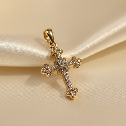 10K yellow gold natural diamond ornate trefoil cross pendant with round brilliant pavé diamonds, angle 2