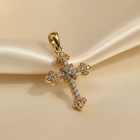 10K yellow gold natural diamond ornate trefoil cross pendant with round brilliant pavé diamonds, angle 2