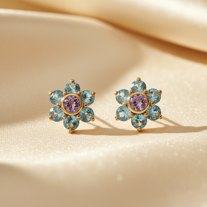 14K yellow gold blue topaz and amethyst flower cluster stud earrings - editorial marketing image 2