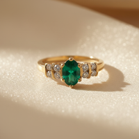 14K Yellow Gold Oval Emerald & Diamond Ring - editorial front elevated