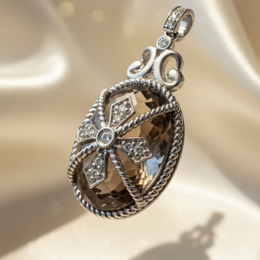 14K white gold smoky quartz and diamond pendant front view