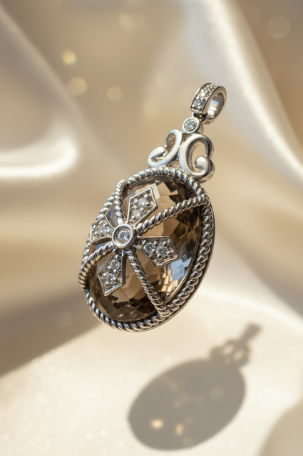14K white gold smoky quartz and diamond pendant front view