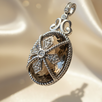 14K white gold smoky quartz and diamond pendant front view