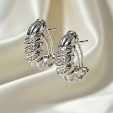 14K White Gold Diamond Swirl Dome Hoop Earrings – Three-Quarter View