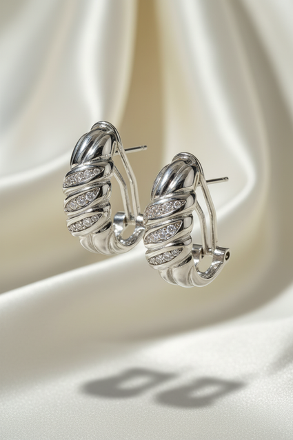 14K White Gold Diamond Swirl Dome Hoop Earrings – Three-Quarter View