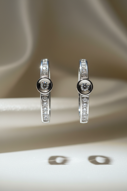 14K White Gold Channel Diamond Hoop Earrings – Front View