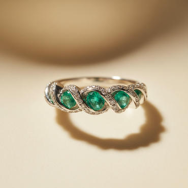 14K White Gold Emerald & Diamond Five-Stone Serpentine Ring - editorial top down