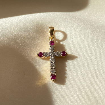 10K Yellow Gold Ruby and Diamond Cross Pendant - editorial 1:1