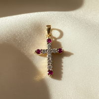10K Yellow Gold Ruby and Diamond Cross Pendant - editorial 1:1