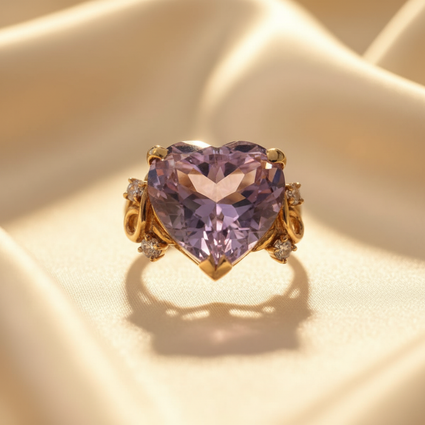 14K Yellow Gold Heart Amethyst and Diamond Ring - editorial top view