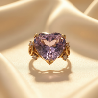 14K Yellow Gold Heart Amethyst and Diamond Ring - editorial top view