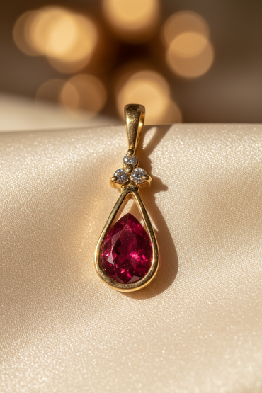 14K Yellow Gold Ruby & Diamond Pendant - side angle