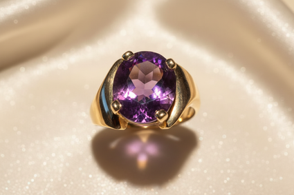 14K Yellow Gold Oval Amethyst Solitaire Ring - top view