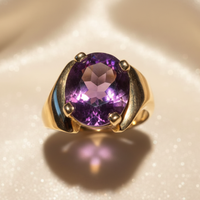 14K Yellow Gold Oval Amethyst Solitaire Ring - top view